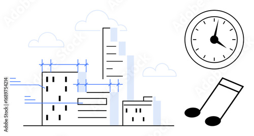 Buildings under construction with scaffolding, a clock symbolizing time, and a music note. Ideal for construction, urban planning, time management, creativity, music, productivity simple flat
