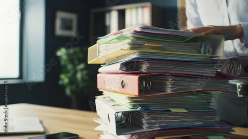 Man sorting through a large stack of colorful ring binders on a desk in an office setting