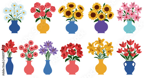 Colorful collection of flower bouquets and vases