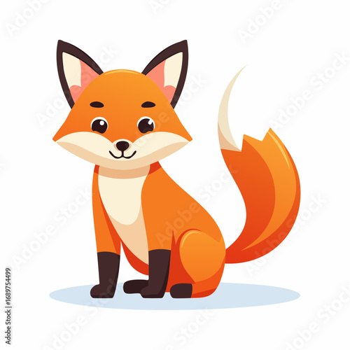 Cartoon illustration of a cute orange fox sitting with its tail curled, looking forward with a friendly expression.