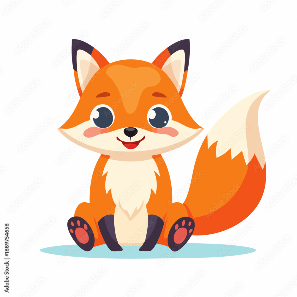 Obraz premium A charming cartoon fox with bright orange fur sits happily, smiling with big eyes.