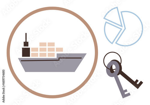 Cargo ship carrying containers in a circle frame, two keys, and a pie chart outline. Ideal for logistics, trade, security, shipping, analysis economy business planning. Minimal flat metaphor