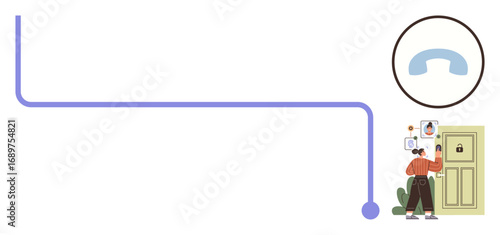 Woman standing by a locked door using her smartphone as part of a smart home setup. Phone connection symbol highlights tech integration. Ideal for security, smart devices, automation, technology