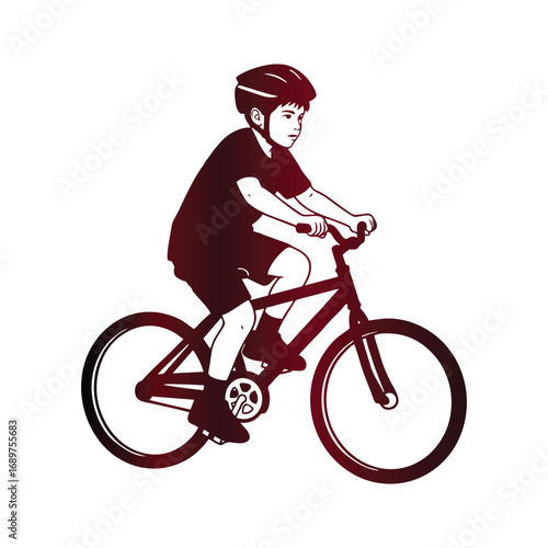 A boy rides a bicycle quickly outside in the city on a sunny day.