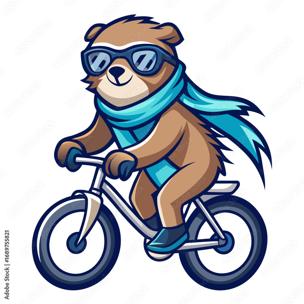 Obraz premium Cool Bear's Bike Ride: A cheerful cartoon bear dons sunglasses and a scarf as it joyfully rides a bicycle, embodying leisure and fun, perfect for travel or activity themes. 