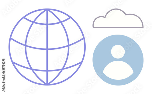 Globe grid representing global reach, user icon for individual focus, and cloud outline for storage or technology. Ideal for technology, communication, networking, globalization, user data, cloud