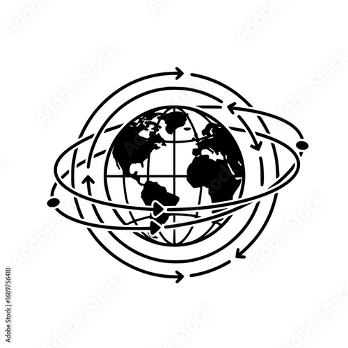 globe surrounded by arrows representing global trade, international exchange, and worldwide communication.