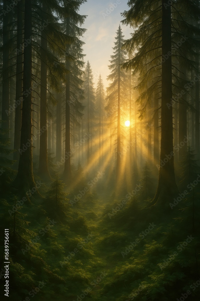 Fototapeta premium Mystical dawn breaking over ancient Carpathian forest with ethereal mist weaving through pine trees
