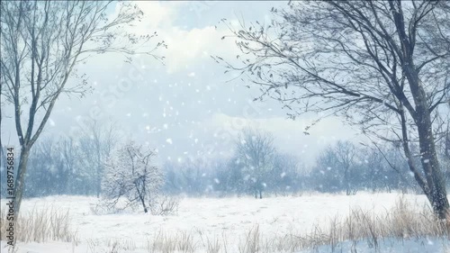 Quiet winter scene with snow, trees, and birds
