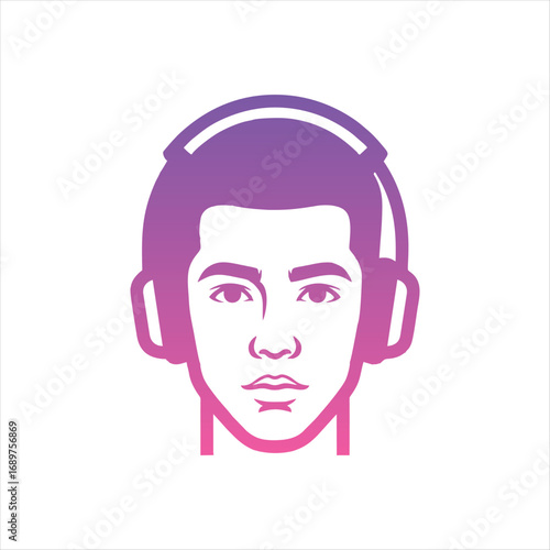 A vibrant illustration of a man wearing headphones facing forward with colorful pink and purple hues.