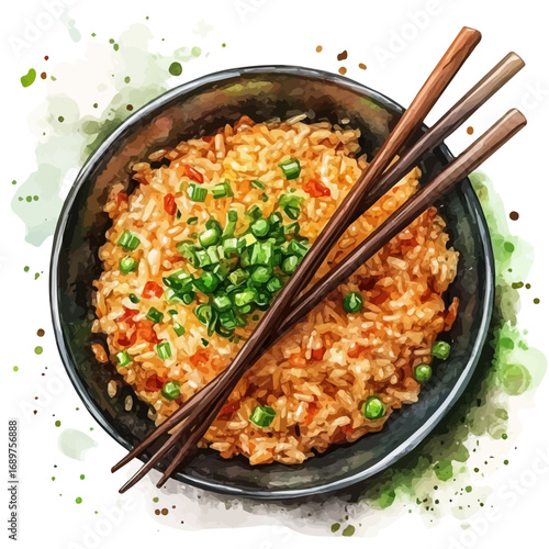 Fried Rice, watercolor painting vector, isolated on a white background.
