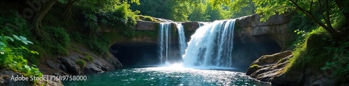 Mesmerizing Waterfall Cascade in Lush Green Forest Sunlight Illuminates a Serene Natural Wonder