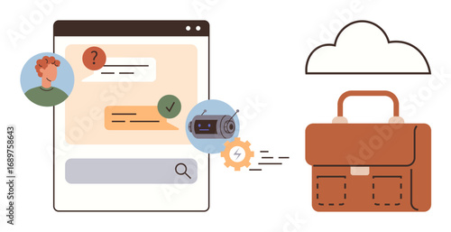 Digital chat interface with messages, user avatar, and search icon. Briefcase, cloud, and settings gear linked to IoT device. Ideal for communication, data sharing, technology automation business