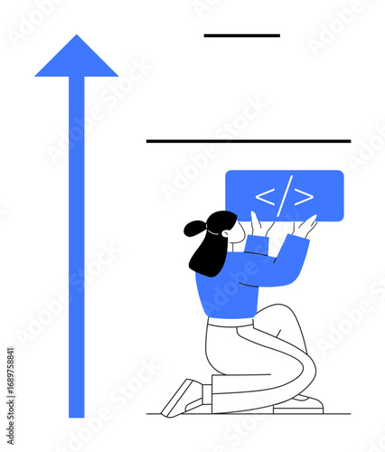 Female coder kneeling with code snippet in hands, large upward arrow and design lines. Ideal for coding, growth, progress, education, teamwork, innovation, simple landing page