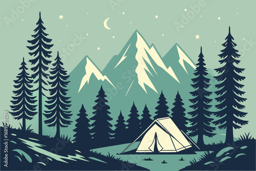 Nighttime mountain landscape with tall pine trees surrounding camping tent