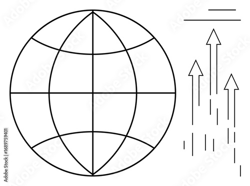 A spherical grid globe beside vertical arrows signifying growth, progression, and global connectivity. Ideal for business, technology, globalization, progress, innovation, education and data