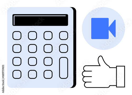 Calculator, blue video icon, and hand making a thumbs-up suggest digital tools, technology, and positive impacts. Ideal for education, finance, approval, productivity digital content teamwork