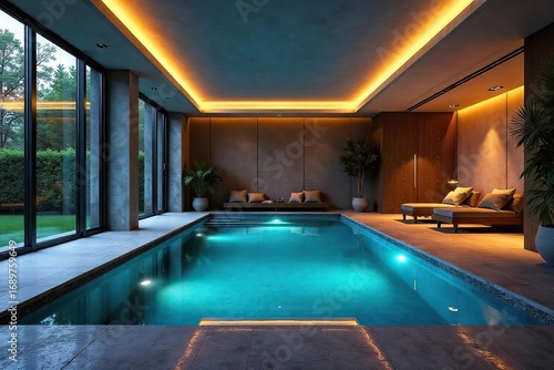 Luxury indoor swimming pool nestled within a converted garage, featuring sleek modern design and ambient lighting  Perfect for a relaxing swim or private aquatic therapy ,  tranquil,  peaceful