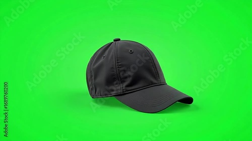 Stylish black baseball cap rotating smoothly on a vivid green screen background, perfect for fashion promos or product demos, add your own logo, cool