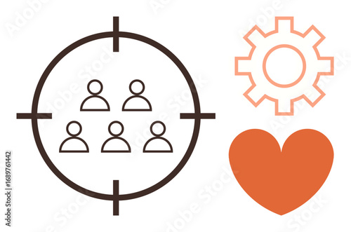 Group of people in target crosshairs, symbolizing focus with supportive heart and gear icons. Ideal for teamwork, leadership, customer focus, planning, loyalty, motivation, simple flat metaphor