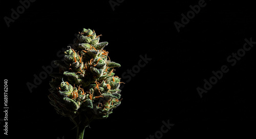 Dramatically lit cannabis bud isolated on a pure black background