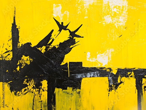 Abstract Yellow Black Art Painting Birds Flight