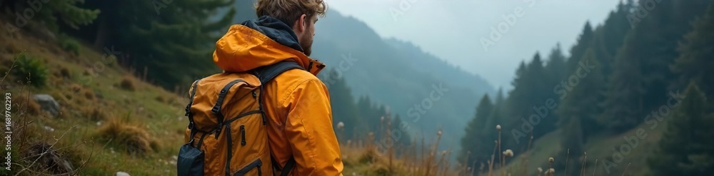 Naklejka premium Durable, waterproof camping jacket with hood, perfect for hiking and outdoor adventures Features multiple pockets and breathable fabric for comfort , field jacket, hiking