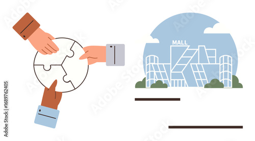 Hands of diverse individuals assembling puzzle pieces coupled with a modern city mall facade. Ideal for teamwork, community, urban development, problem solving, business, design, planning metaphors