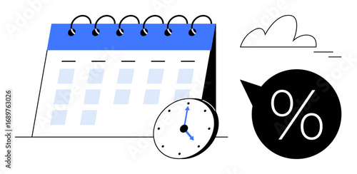 Calendar page with spiral binding, small clock, percentage speech bubble, minimal cloud accent. Ideal for time planning, scheduling, deadlines, organization, efficiency savings simple flat metaphor