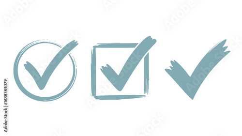 Set of three hand-drawn checkmarks in circle square and standalone variations