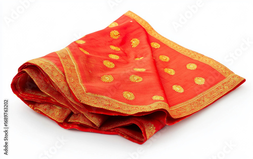 Red Bridal Chunri Cloth with Gold Detailing Isolated On White Background.
