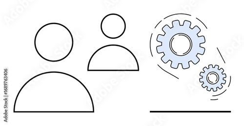 Outline of two abstract human figures adjacent to two interlocking gears, symbolizing teamwork, collaboration, efficiency, problem-solving, productivity, innovation, and synergy. A simple flat