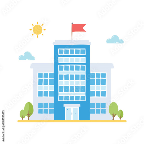 A vibrant school building with a sunny day and fluffy clouds