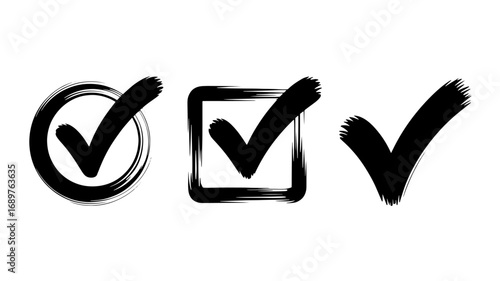 Set of three hand-drawn check marks in circle square and standalone variations