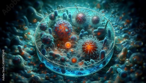 Highly detailed 3D virus and bacteria cells interacting in a petri dish, surrounded by fluid textures and glowing molecular structures
