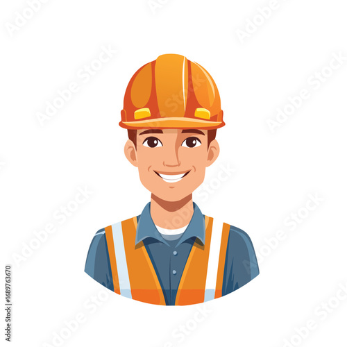A cartoon of a construction worker in orange helmet. The worker is depicted from the chest up, wearing a reflective orange vest, and smiling