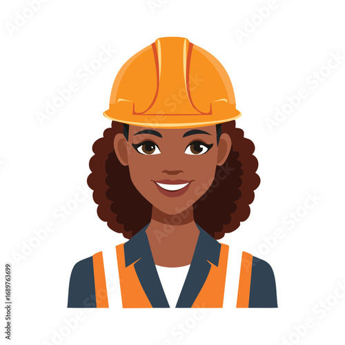 An illustration of a female engineer wearing a hard hat and safety vest, smiling confidently