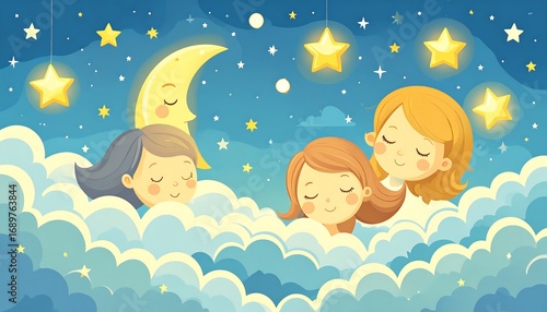 Three girls sleeping peacefully on clouds at night