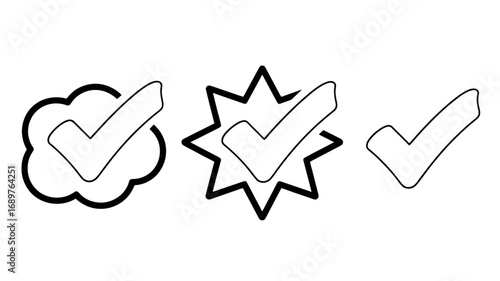Set of three check mark icons including cloud and starburst variations