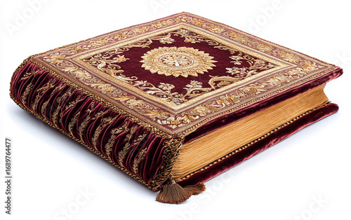 The Holy Guru Granth Sahib Draped in Velvet Elegance Isolated On White Background.