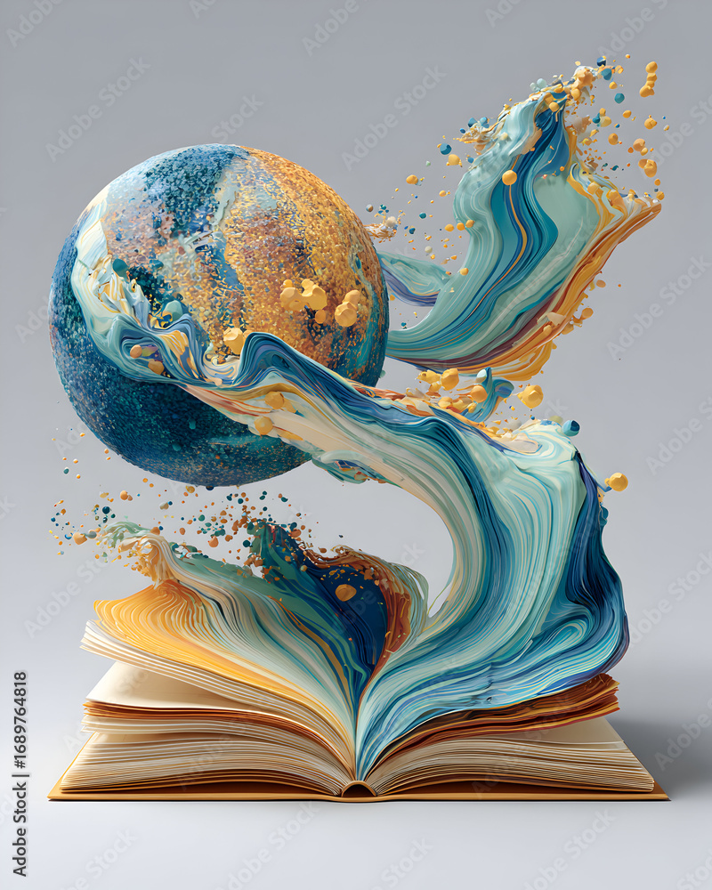 Fototapeta premium World emerging from an open book, painted with swirling blue and gold, symbolizing knowledge and creative imagination on a neutral backdrop.