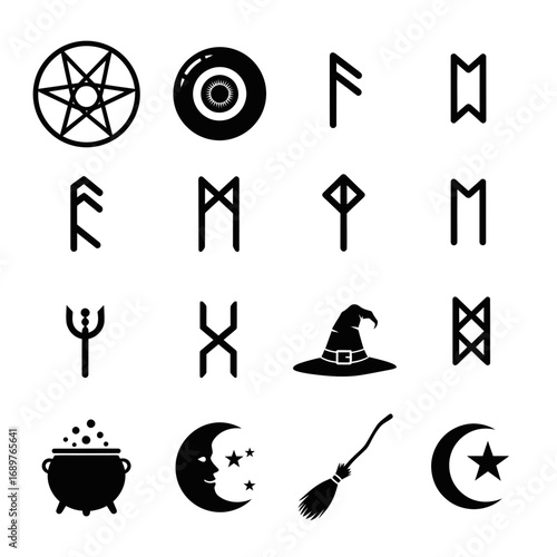Occult Symbols Icon Set Featuring Pentagram and Runes  