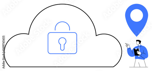 Cloud with lock symbol represents data security. Location pin and person holding tablet indicate geolocation and monitoring. Ideal for cloud security, data privacy, location tracking, user access