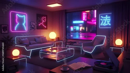 A futuristic cyberpunk living room interior with glowing neon furniture, offering a cozy lo-fi vibe and a view of a rainy city at night