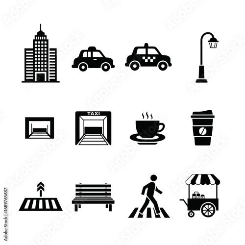 Urban City Life Icon Set with Transportation and Cafes  