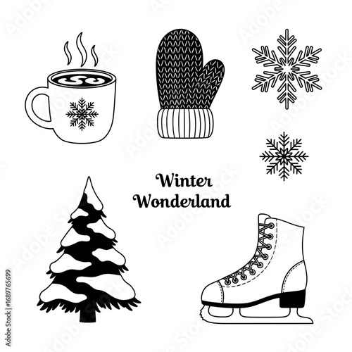 Winter Wonderland Icon Set Featuring Cocoa, Mittens, and Snowflakes  