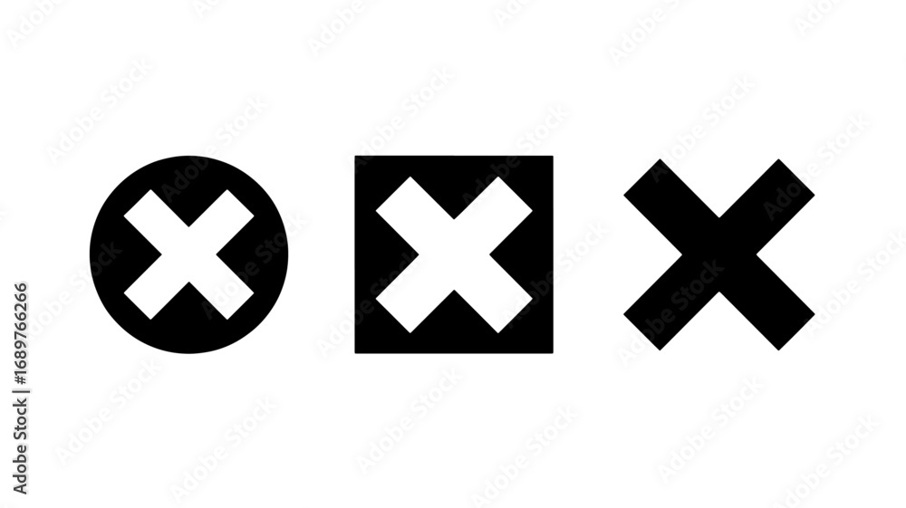 Obraz premium Three variations of black and white cross mark icons in circle square and plain shapes