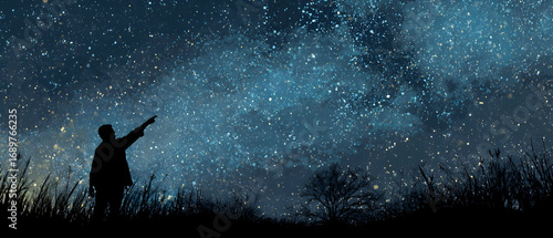 Silhouette of a man pointing at the starry night sky in a field, gazing at the Milky Way with wonder and awe, creating a sense of cosmic connection.