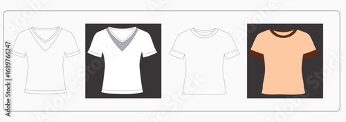 Four simple Tshirt templates showcase various neckline and sleeve designs for apparel design, technical flat sketch, fashion design template for clothing CAD