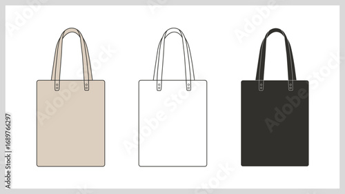 Three tote bag designs shown in beige, white, and black colors, technical flat sketch, fashion design template for clothing CAD